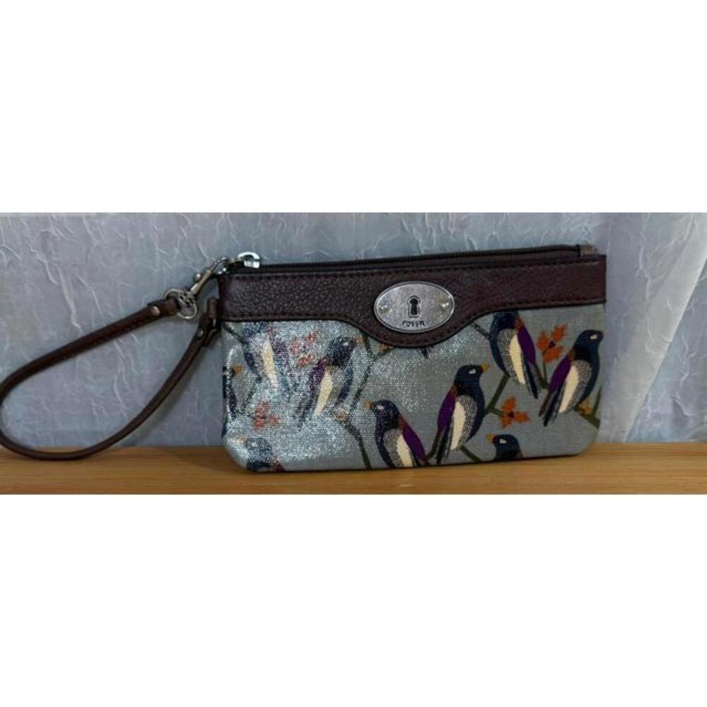 Fossil Key-Per Birds on Branches Wristlet – Coated Canvas & Leather Trim